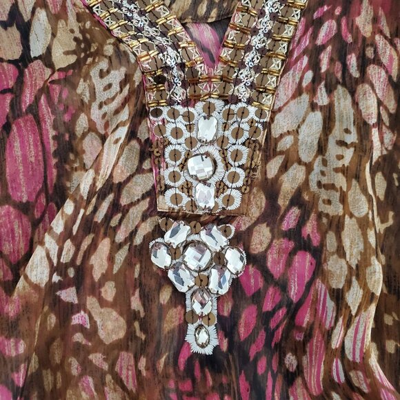 Chicos Womens Beaded Animal Print Tunic Top Size 16 Embellished Neckline Sheer - Picture 4 of 10